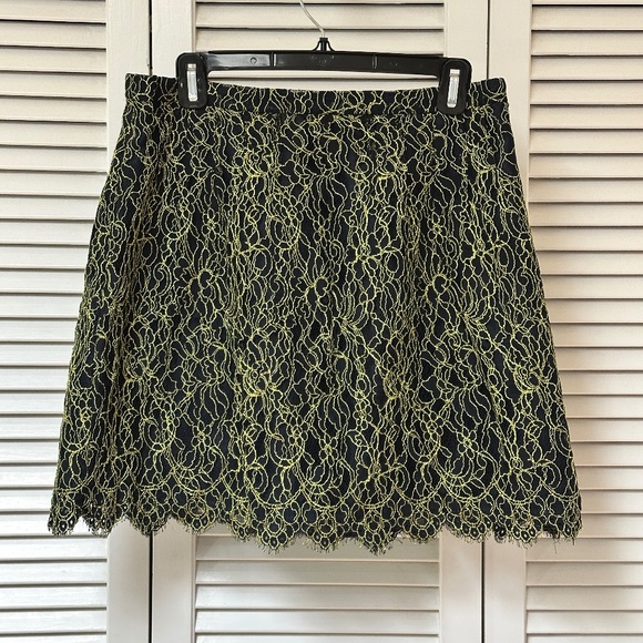 J Crew Lace A-Line Mini Skirt Black Neon Green Lined Size 8 - Picture 1 of 10